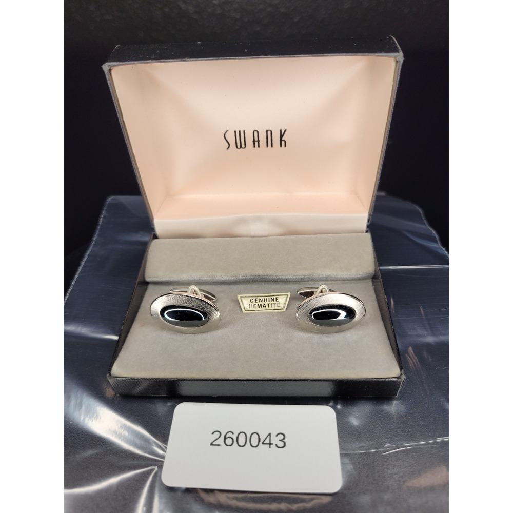 Swank Cufflinks Silver Tone Oval Genuine Hematite Stone Textured Set with Box
